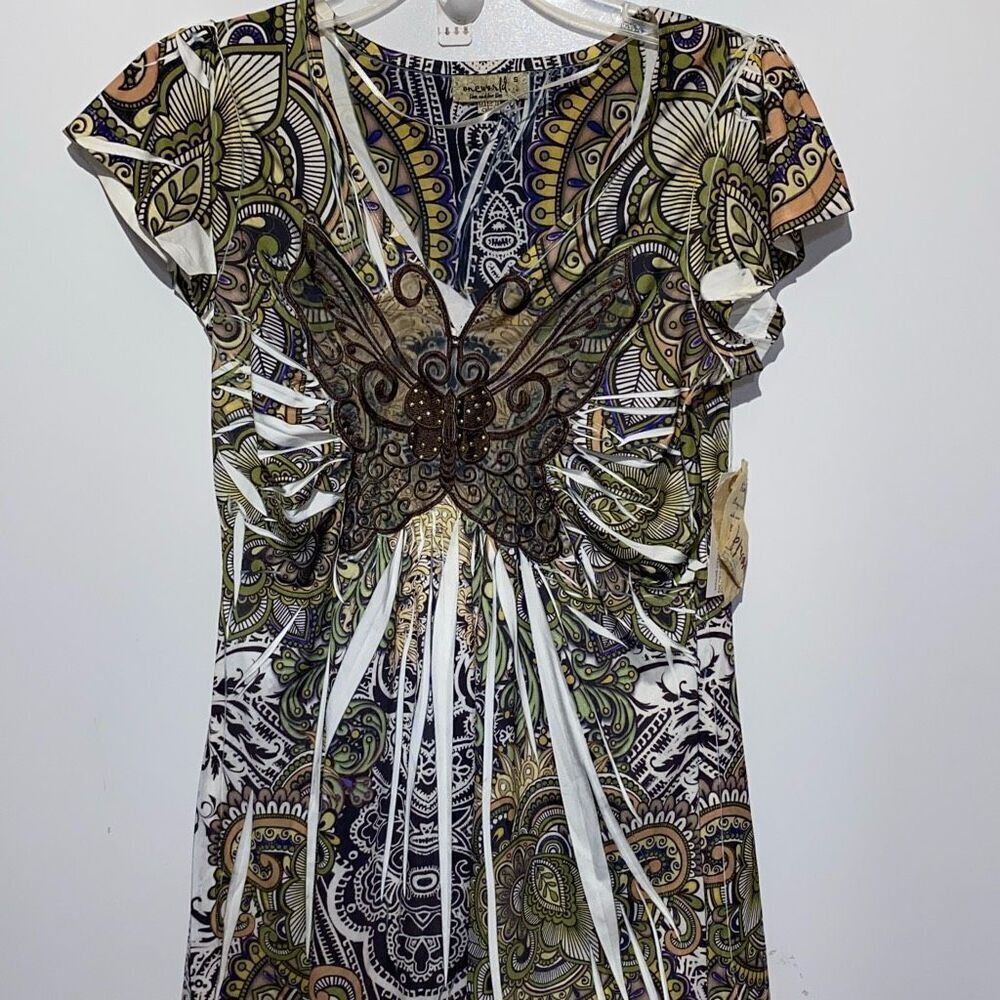 One World‎ Women's Multicolor Butterfly Flowy Tunic Top Sheer Blouse Small NWT
